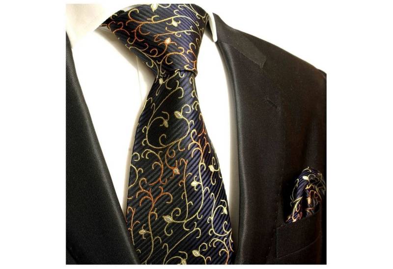Paul Malone Krawatte Herren Seidenkrawatte mit Tuch modern floral 100% Seide (Set, 2-St., Krawatte mit Einstecktuch) Breit (8cm), schwarz blau gold 534 von Paul Malone