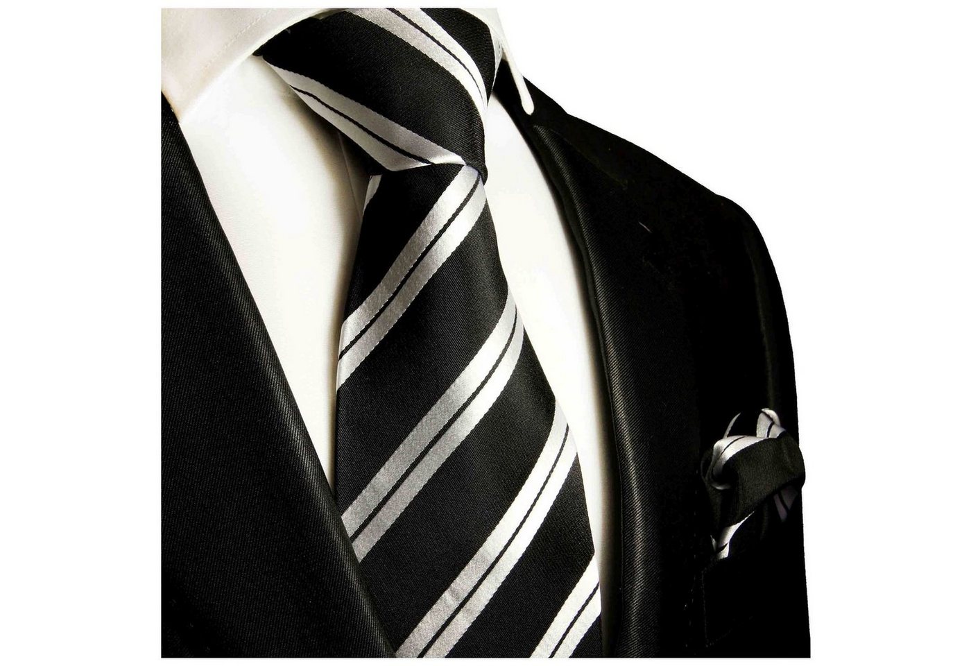 Paul Malone Krawatte Herren Seidenkrawatte mit Tuch modern gestreift 100% Seide (Set, 2-St., Krawatte mit Einstecktuch) Schmal (6cm), schwarz silber 279 von Paul Malone
