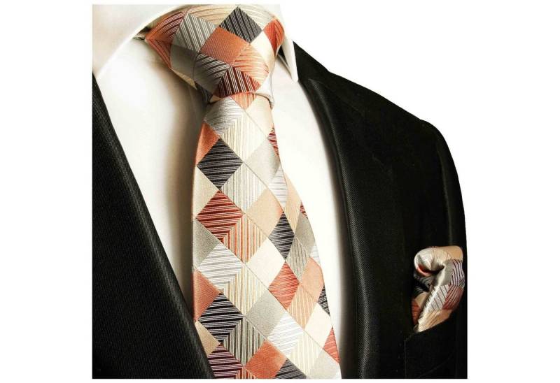 Paul Malone Krawatte Herren Seidenkrawatte mit Tuch modern kariert 100% Seide (Set, 2-St., Krawatte mit Einstecktuch) Breit (8cm), orange grau rot gold 252 von Paul Malone