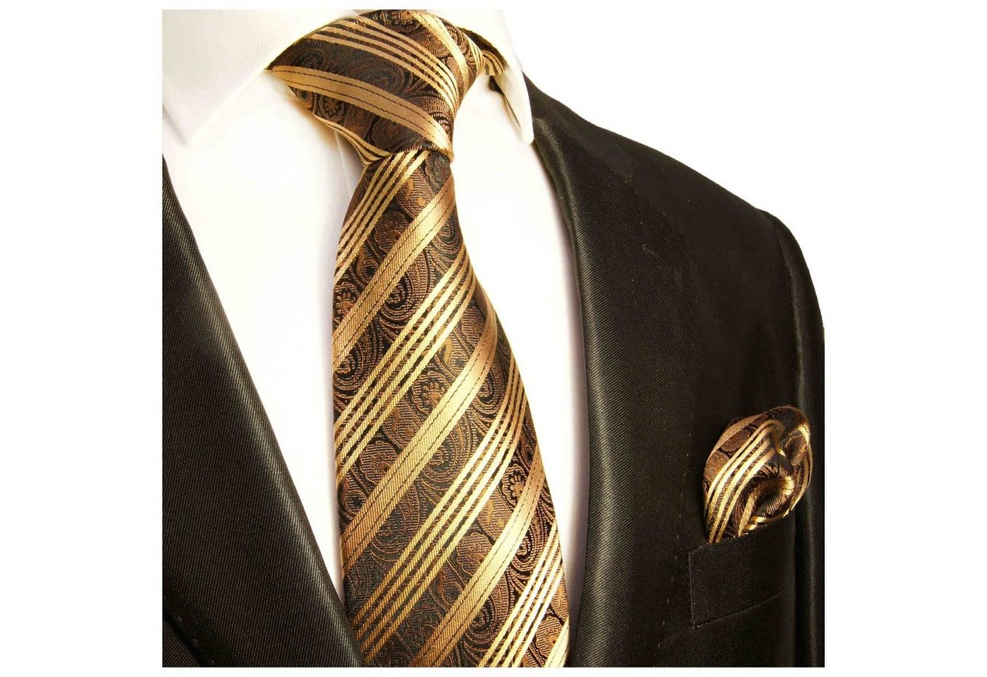 Paul Malone Krawatte Herren Seidenkrawatte mit Tuch modern paisley gestreift 100% Seide (Set, 2-St., Krawatte mit Einstecktuch) Schmal (6cm), braun gold 388 von Paul Malone