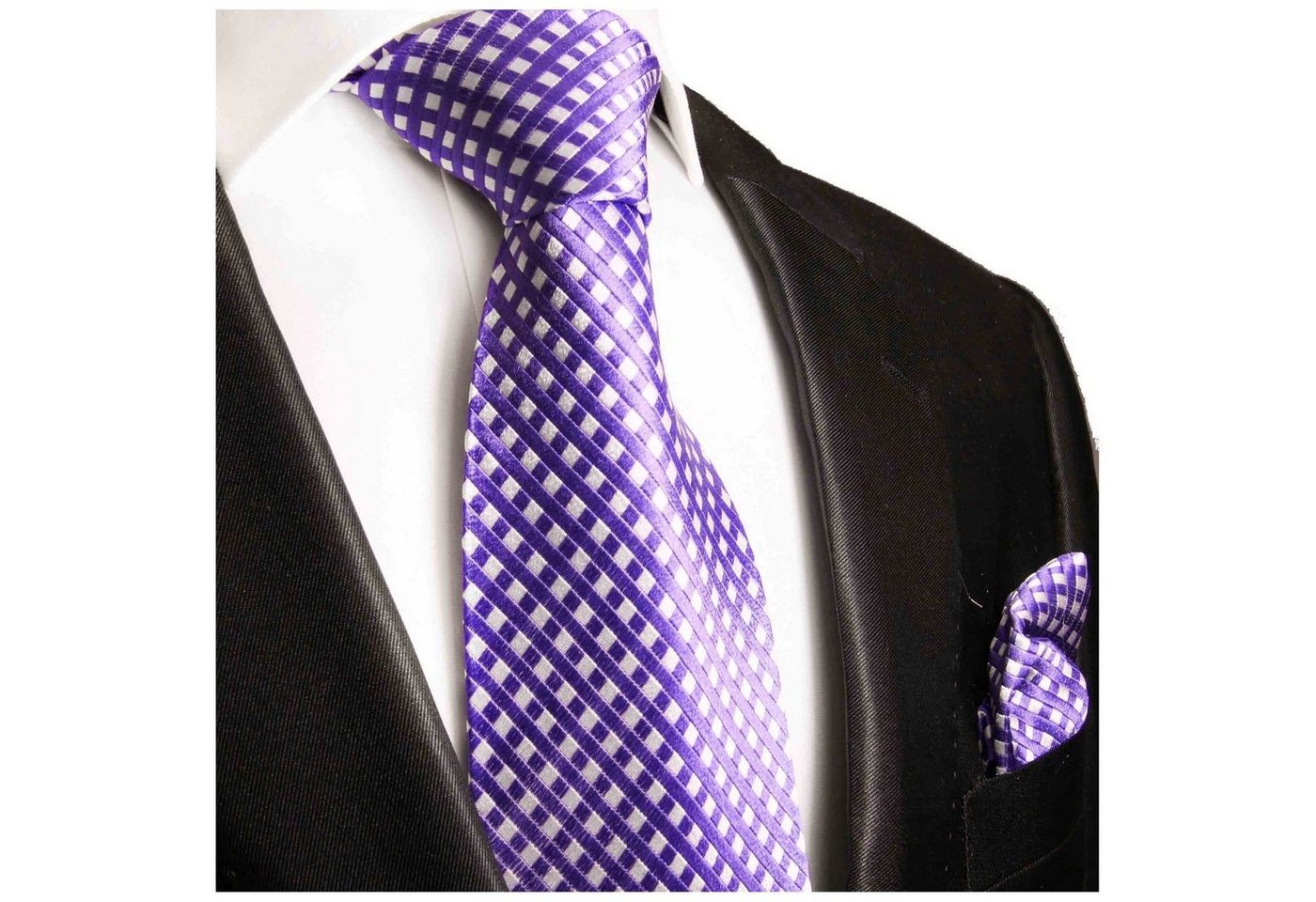 Paul Malone Krawatte Herren Seidenkrawatte und Tuch modern Karo gepunktet 100% Seide (Set, 2-St., Krawatte mit Einstecktuch) Schmal (6cm), lila violett weiß 462 von Paul Malone