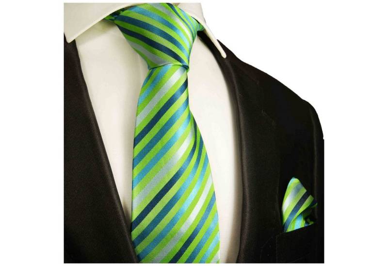Paul Malone Krawatte Herren Seidenkrawatte und Tuch modern gestreift 100% Seide (Set, 2-St., Krawatte mit Einstecktuch) Breit (8cm), grün blau 530 von Paul Malone