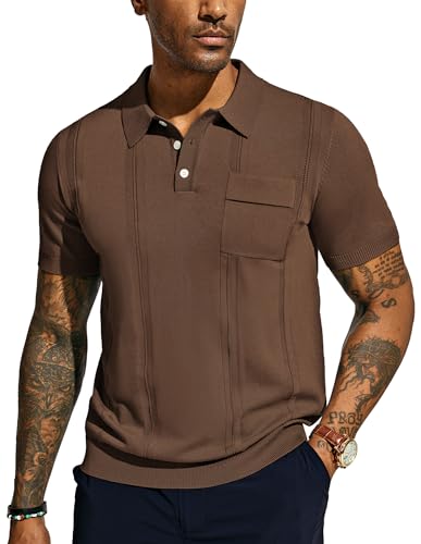 Herren 60s Shirt Kurzarm Slim Fit Sport Strick Polo Lässig Atmungsaktiv mit Knopf S Espresso 614S24-3 von PaulJones