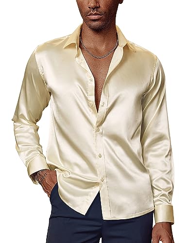 Herren Hemd Langarm Bügelfrei Business Hemd Satin Hemd Herren Seidenhemd Party Hochzeit Aprikose M von PaulJones