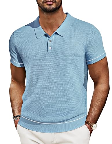 Herren Knit Polo 60s Shirt Kurzarm Sweater Polo mit Knopf Kurzarm Textur Elegant S Hellblau 623S24-4 von PaulJones