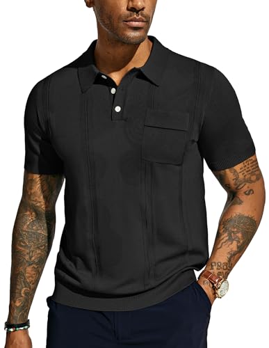 Herren Knit Polo Kurzarm Retro 1960s Golf Shirts für Herren Knit Polo Textur Sportlich M Schwarz 614S24-1 von PaulJones