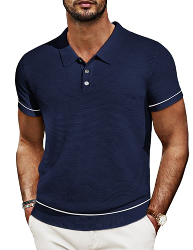 Herren Strick Polo Retro 60er mit Knopf Textur T-Shirt Boss Poloshirt Herren L Dunkelblau 623S24-2 von PaulJones