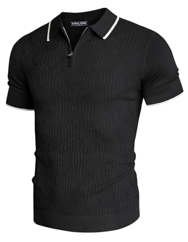 Herren Strick Polo Retro 1960s mit Reißverschluss Textur T-Shirt Boss Poloshirt Herren XXL Schwarz 622S24-1 von PaulJones