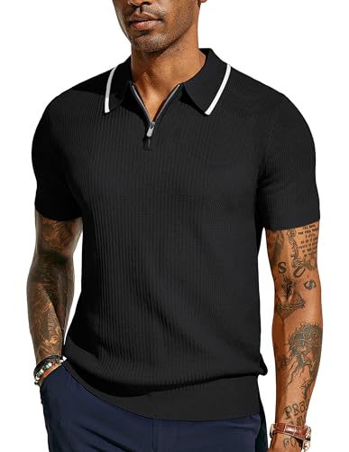 Herren Strick Polo Retro 1960s mit Reißverschluss und V Ausschnitt Textur T-Shirt Boss Poloshirt Herren XXL Schwarz 572S24-1 von PaulJones