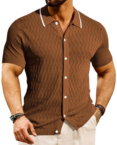 Herren T Shirts Knit Polo Tshirts Kurzarm Retro 1960s Golf Shirts für Herren Knit Polo Textur Beach Tops M Braun 602S24-1 von PaulJones