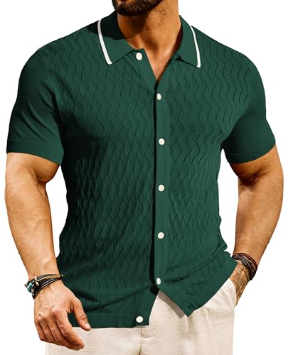 Herren T Shirts Strick Poloshirt Slim Fit Retro 1960s Strick Golf Polo Beach Tops Casual M Dunkelgrün 602S24-3 von PaulJones