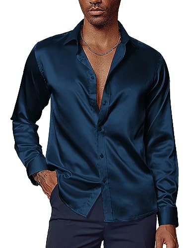 PaulJones Hemd Herren Langarm 70er Jahre Hemd Satin Hemd Button Down Hochzeit Hemd Dunkelblau S von PaulJones