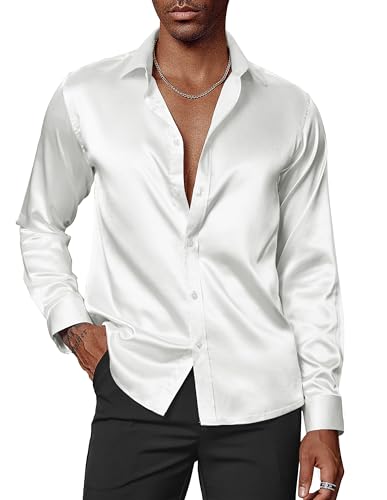 PaulJones Hemd Herren Langarm 70er Jahre Hemd Satin Hemd Button Down Hochzeit Hemd Weiß XL von PaulJones