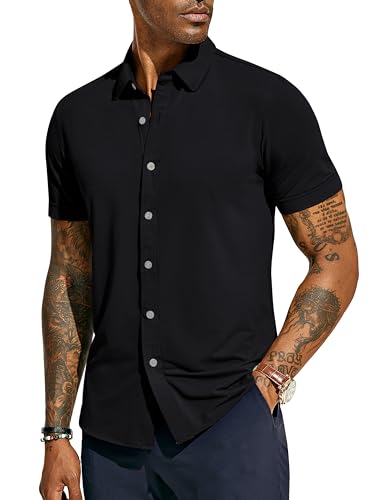 PaulJones Hemd Herren Kurzarm Business Hemd Bügelfrei Atmungsaktiv Sommerhemd Button Down Schwarz L von PaulJones