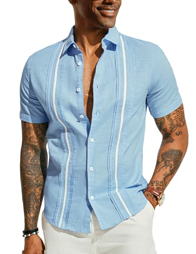 Freizeithemd Herren Strandhemd Guayabera Shirts Leinenhemd Streifen Herren Kurzarm Hellblau XL 545-3 von PaulJones