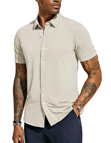 PaulJones Hemd Herren Bügelfrei Business Hemd Kurzarm Bügelfrei Freizeithemd Regular Fit Khaki L von PaulJones