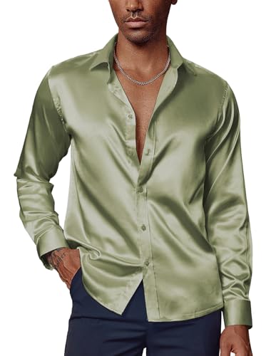 PaulJones Herren Hemd Langarm Glitzerhemd Herren Seidenhemd Button Down Business Hemd Hellgrün XL von PaulJones