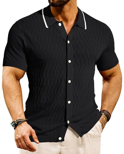 PaulJones Herren Strick-Poloshirt Golf Polo Retro 1960s Button Down Lässig Polohemden Casual S Schwarz 602S24-2 von PaulJones