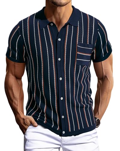 PaulJones Herren Strick-Poloshirt Golf Polo Retro 1960s Streifen Tshirt Button Down Lässig Polohemden Casual S Dunkelblau 612S24-2 von PaulJones