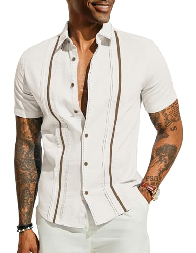 Freizeithemd Herren Strandhemd Guayabera Shirts Leinenhemd Streifen Herren Kurzarm Elfenbeinweiß XL 545-1 von PaulJones