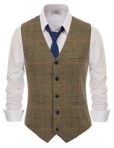 PaulJones Herren Weste Elegant Tweed Weste V Ausschnitt Hochzeit Tweed Anzug M Kariertes Braun 186-6 von PaulJones