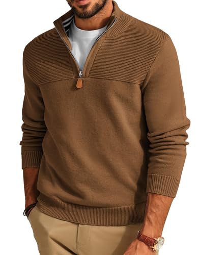 PaulJones Strickpullover Herren V Ausschnitt Troyer mit Reißverschluss Stehkragen Pullover Braun S von PaulJones