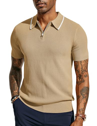 Poloshirt Herren Kurzarm Slim Fit Textur Golf Polo Retro 1970s Half Zip Strick Poloshirt S Dunkelbeige 572S24-5 von PaulJones