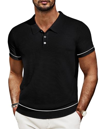 Poloshirts für Herren mit Knopf Kurzarm Textur Golf Polo Strick Poloshirt Retro 60er L Schwarz 623S24-1 von PaulJones