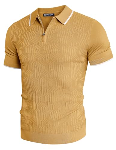 Poloshirts für Herren mit Reißverschluss Kurzarm Textur Golf Polo Strick Poloshirt Retro 1960s M Ingwergelb 622S24-4 von PaulJones