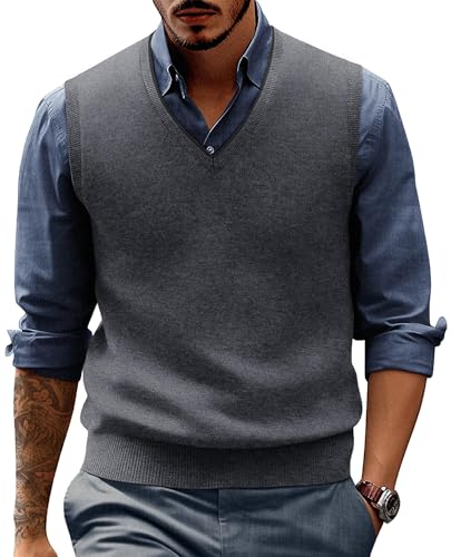 Pullunder Herren Wollmischung V-Ausshnitt Ärmellose Strickweste Slim Fit Dunkelgrau L von PaulJones