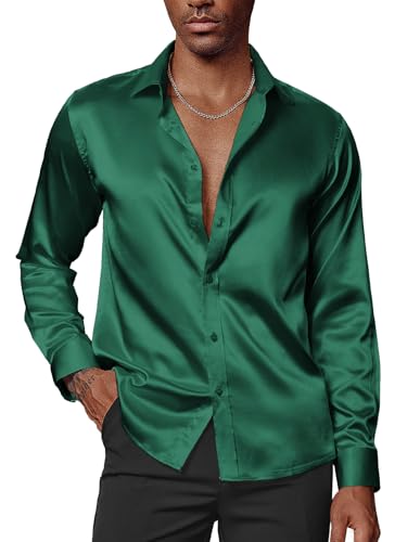 Satin Hemd Herren Business Hemd Langarm 70er Jahre Hemd Glitzer Hemd Party Hochzeit Dunkelgrrün XXL von PaulJones