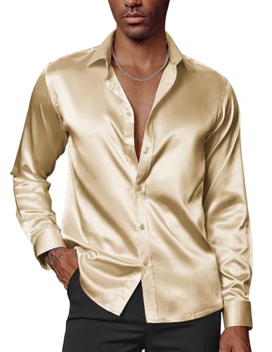 Satin Hemd Herren Business Hemd Langarm 70er Jahre Hemd Glitzer Hemd Party Hochzeit Gold XL von PaulJones