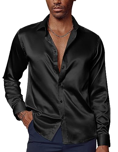 PaulJones Herren Hemd Langarm Glitzerhemd Herren Seidenhemd Button Down Business Hemd Schwarz XXL von PaulJones