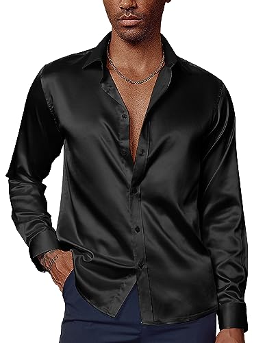 PaulJones Freizeithemden Für Herren Hemd Bügelfrei Satin Hemd Herren Seidenhemd Regular Fit L Schwarz 521-1 von PaulJones