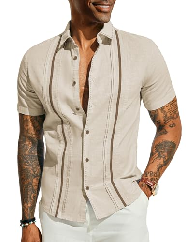 Sommerhemd Herren Leinenhemd Guayabera Hemd Kurazrm Button Down Cuban Shirt Aprikose L 545-2 von PaulJones