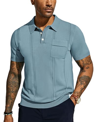 Strick Poloshirt Herren Retro 1970s Shirts Sport Kurzarm Slim Fit mit Hemdkragen Tshirt M Graublau 614S24-5 von PaulJones