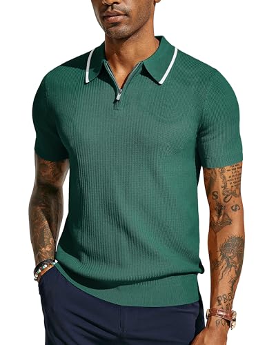 T-Shirt Herren Kurzarm Textur Golf Polo Strick Poloshirt Retro 1960s 1/4 Zip Textur M Grün 572S24-4 von PaulJones