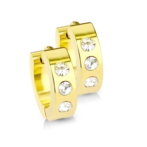 Paula & Fritz® 1 Paar Damen Creole-n 14-mm Gold Zirkonia Klar Chirurgenstahl 316L Ohr-Schmuck 4-mm Breit Ohr-Ring Kombinierbar Herren Kinder Earring von Paula & Fritz