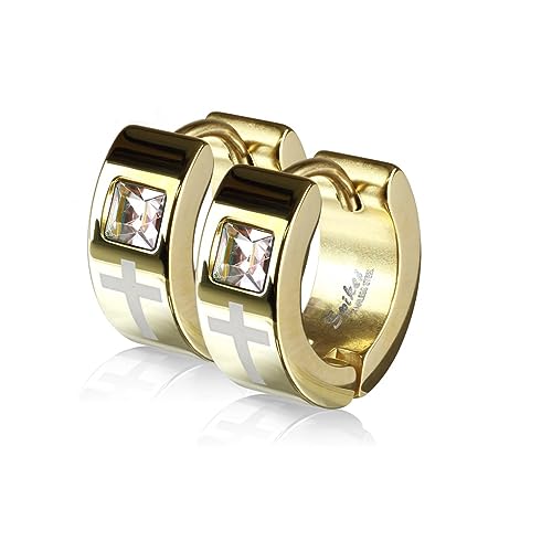 Paula & Fritz® 1 Paar Damen Creole-n Gold Kreuz Silber Zirkonia Klar Chirurgenstahl Ohr-Schmuck 4-mm Breit Ohr-Ring Religion Kombinierbar Herren von Paula & Fritz