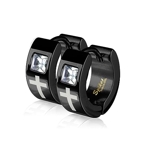 Paula & Fritz® 1 Paar Damen Creole-n Schwarz Kreuz Silber Zirkonia Klar Chirurgenstahl Ohr-Schmuck 4-mm Breit Ohr-Ring Religion Kombinierbar Herren von Paula & Fritz