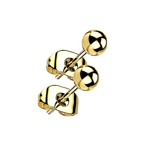 Paula & Fritz® 1 Paar Ohr-Stecker Kugel Gold 3-mm Titan-ium Grade 23 11-mm Lang Butterfly-Back Ohr-Ring Damenohr-Ring Herren Standard Lobe Anti-Tragus von Paula & Fritz