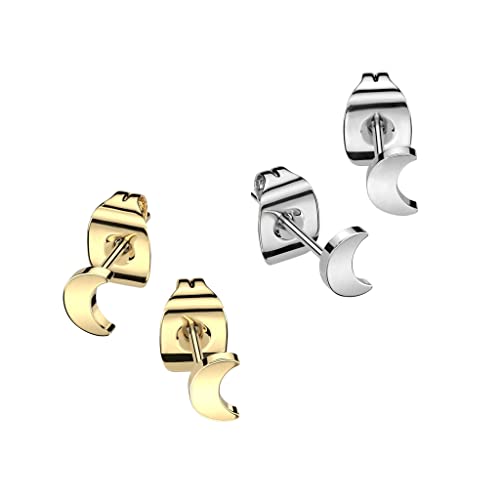 Paula & Fritz® 2 Paar Ohr-Stecker Halb-Mond Gold Silber 4 x 3-mm Titan-ium Grade 23 11-mm Lang Butterfly-Back Ohr-Ring Damenohr-Ring Herren Standard Lobe von Paula & Fritz