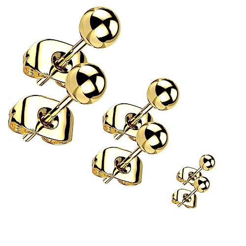 Paula & Fritz® 3 Paar Ohr-Stecker Kugel Gold 3-mm 4-mm 5-mm Titan-ium Grade 23 11-mm Lang Butterfly-Back Ohr-Ring Damenohr-Ring Herren Standard Lobe von Paula & Fritz