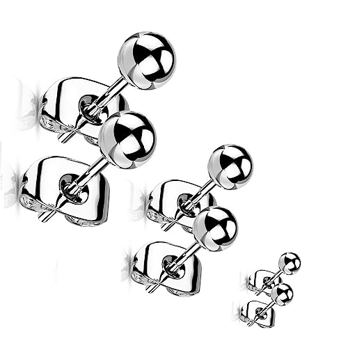 Paula & Fritz® 3 Paar Ohr-Stecker Kugel Silber 3-mm 4-mm 5-mm Titan-ium Grade 23 11-mm Lang Butterfly-Back Ohr-Ring Damenohr-Ring Herren Standard Lobe von Paula & Fritz