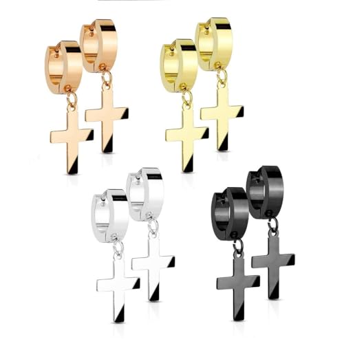 Paula & Fritz® 4 Paar Damen Creole-n Gold Schwarz Silber Rosegold Anhänger Kreuz Chirurgenstahl 316L Ohr-Schmuck 4-mm Breit Ohr-Ring Herren Religion von Paula & Fritz