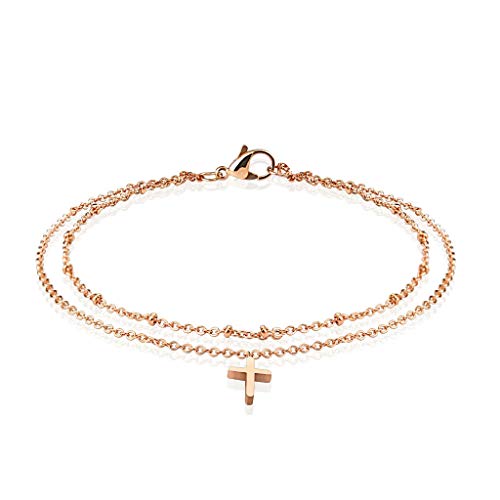 Paula & Fritz® Armband Damen Gold Kreuz Charm Anhänger 316L Chirurgenstahl 240-mm Doppelt-Kette Bettelarmband Arm-kettchen Arm-Schmuck Fußkette von Paula & Fritz