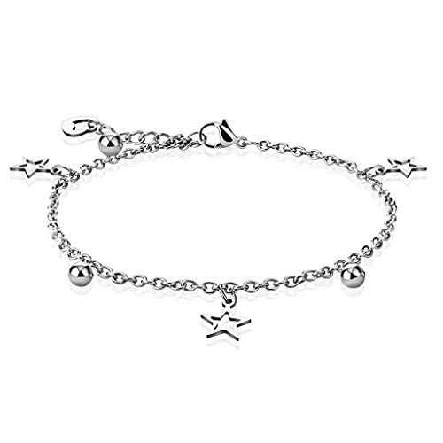 Paula & Fritz® Armband Damen Silber Herz Stern Kugel Charm Anhänger 316L Chirurgenstahl 235-mm Bettelarmband Arm-kettchen Arm-Schmuck Fußkette Fußkettchen von Paula & Fritz