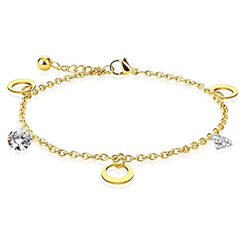 Paula & Fritz® Armband Damen Zirkonia Mond Charm Anhänger Gold/Klar 316L Chirurgenstahl 230-mm Bettelarmband Arm-kettchen Arm-Schmuck Fußkette von Paula & Fritz