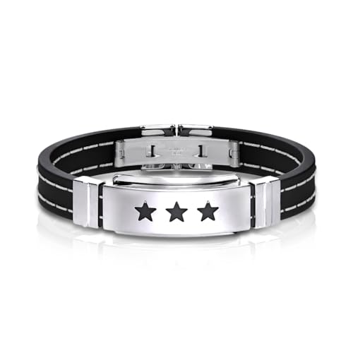 Paula & Fritz® Armband Herren Gummi Schwarz Silber Triple Stars 185-mm Lang 10-mm Breit Edelstahl Männer Damenarmband Armschmuck Gummiriemen-Armband von Paula & Fritz