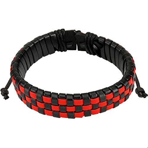 Paula & Fritz® Armband Leder Herren Frauen Schwarz Rot Kariert Geflochten Lederband Lederarm-Band Männer Biker Lederbänder Schmuck verstellbare Länge von Paula & Fritz